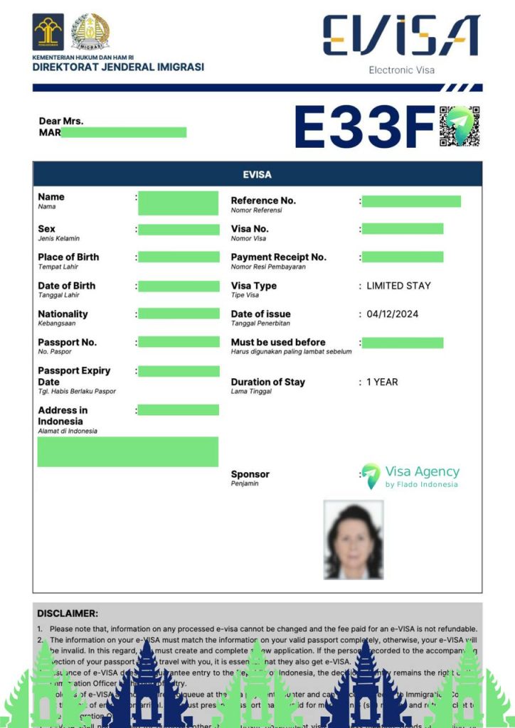 Электронная виза (E33F Retirement Visa KITAS), выданная для пожилых людей для проживания в Индонезии сроком на один год. Оформлена Генеральной дирекцией иммиграции Индонезии при поддержке агентства Flado Visa Agency. KITAS предназначена для долгосрочного проживания. После 5 лет на пенсионной визе KITAS возможно получение 5-летнего разрешения на проживание KITAP