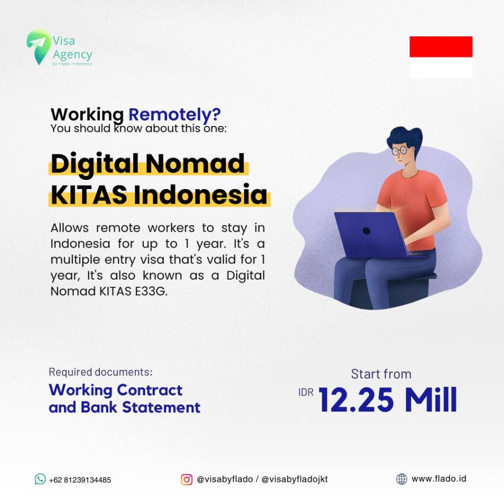 Digital Nomad KITAS Индонезия – Виза для удаленной работы в Индонезии. Оставайтесь в Индонезии до 1 года с многократным въездом (KITAS E33G). Требования: трудовой контракт и банковская выписка. Стоимость от 12,25 млн IDR. Свяжитесь с нами через WhatsApp/Telegram: +62 81293134485. Узнать больше: ru.flado.id