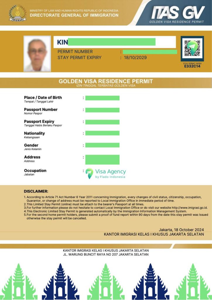 Электронный вид ВНЖ (ITAS) по визе "Второй Дом" в Индонезии, выданный на 5 лет, с указанием сроков действия