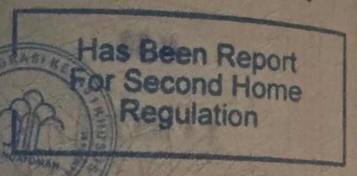 Штамп в паспорте с надписью «Has Been Report For Second Home Regulation» после подачи подтверждающих документов по визе "Второй Дом" в Индонезии