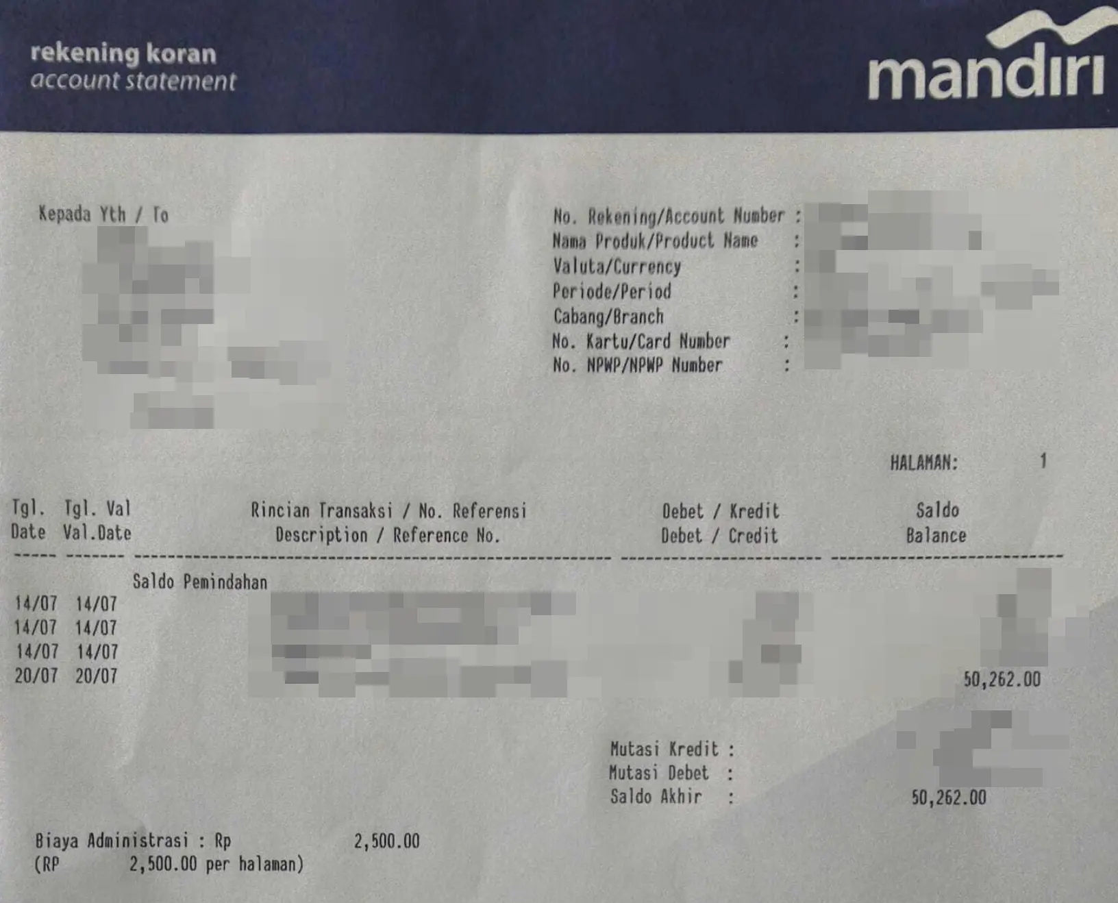 Обезличенный образец официальной банковской выписки Bank Mandiri Rekening Koran с операциями и остатком для Proof of Funds